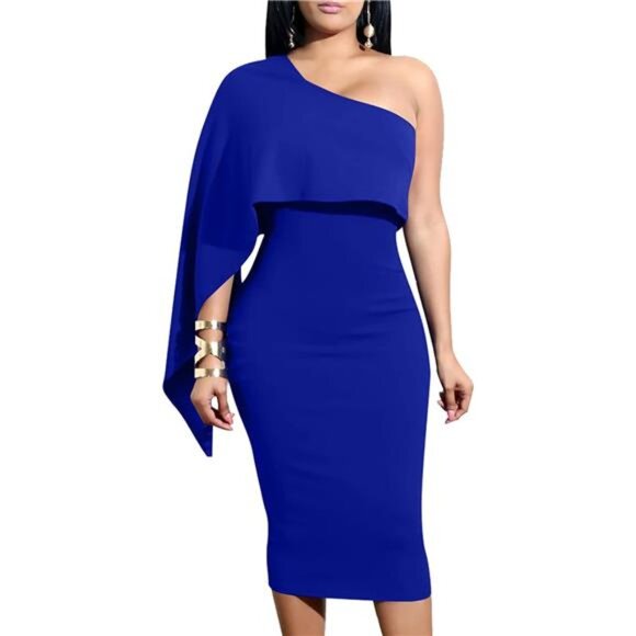 Women's Sexy One Shoulder Ruffle Bodycon Dress Dark Blue - Picture 1 of 7